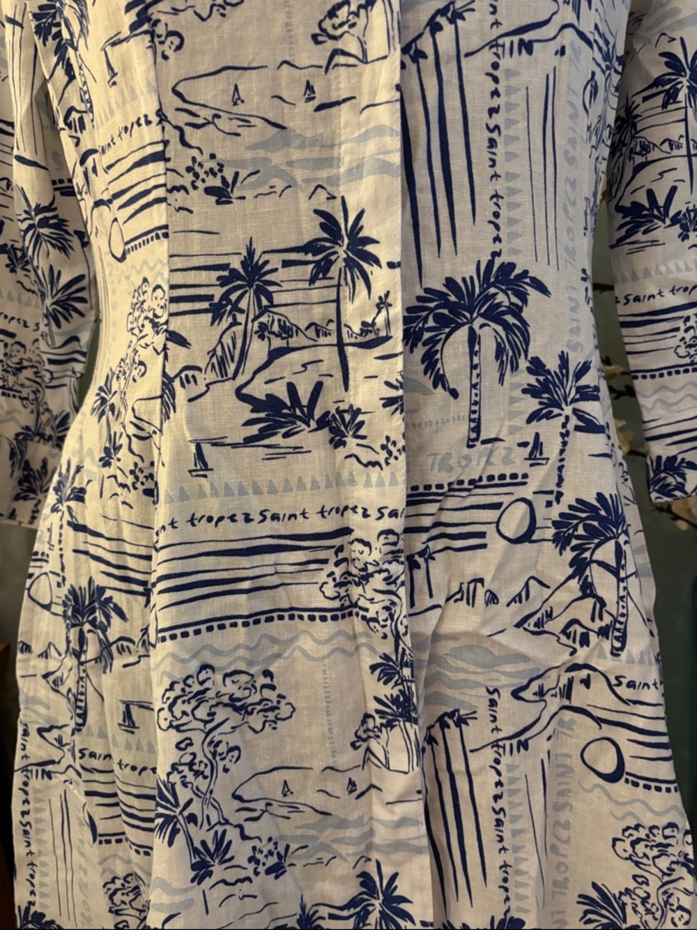 Calypso St. Barth Saint Tropez Tropical Coastal Toile Linen Blend Shirt Dress - Picture 3 of 14